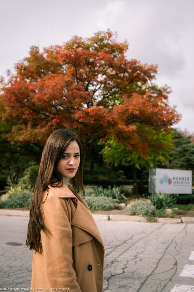 outdoor shot of beautiful lady wearing a brown coat posing for the camera.