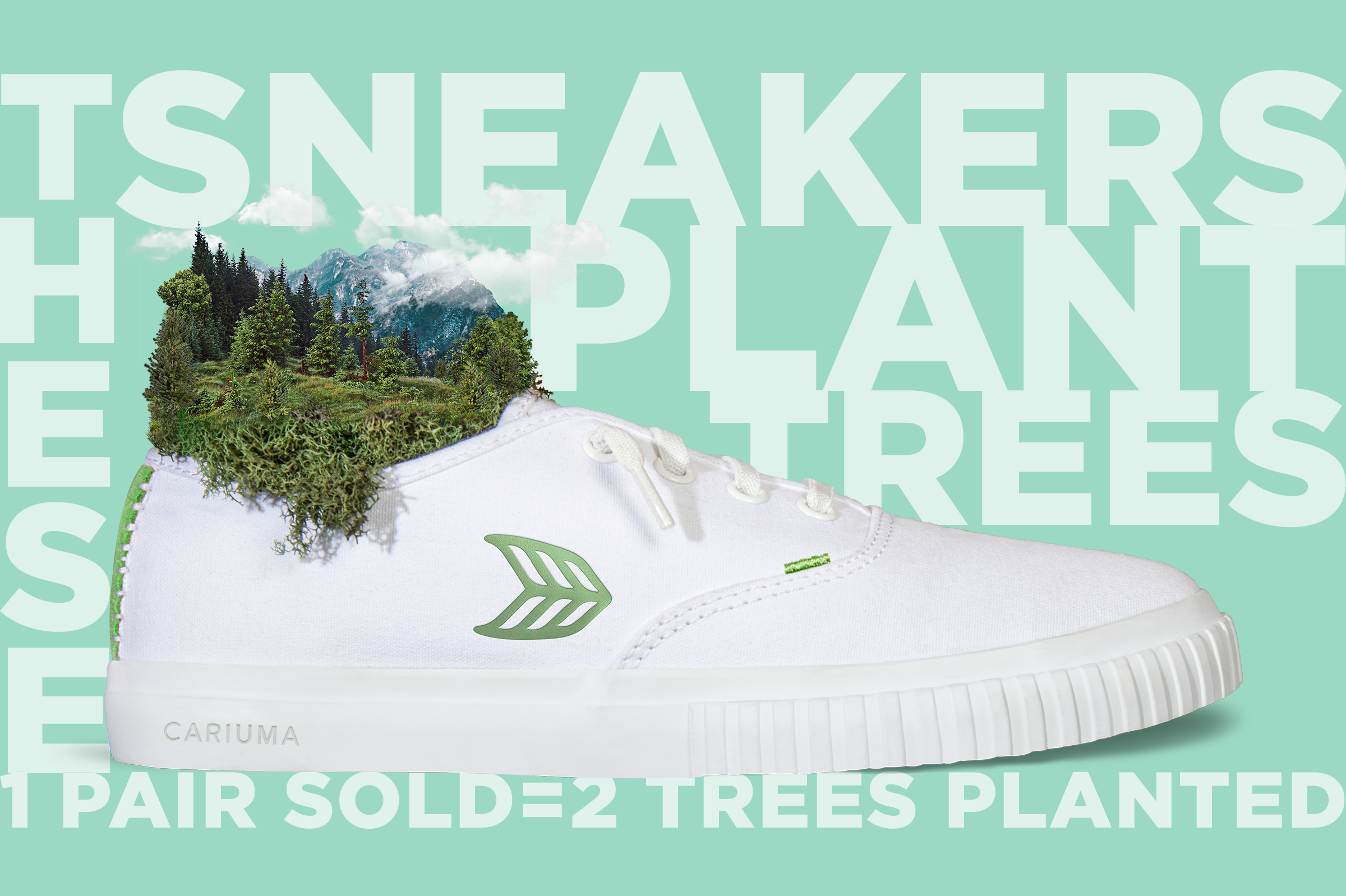 white sneaker with a forest in the hole.
