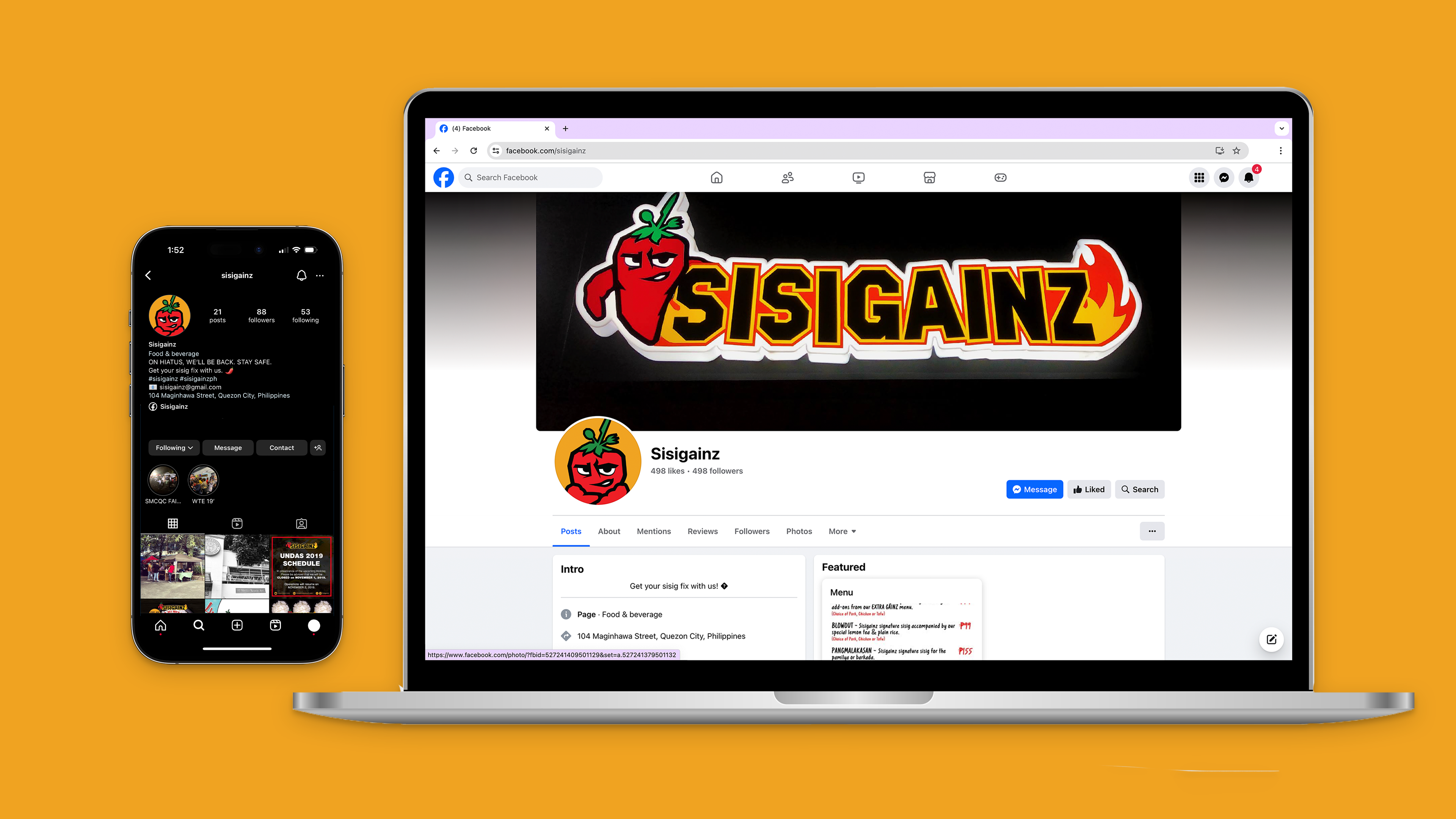 iphone and laptop with sisigainz ig and fb screenshots